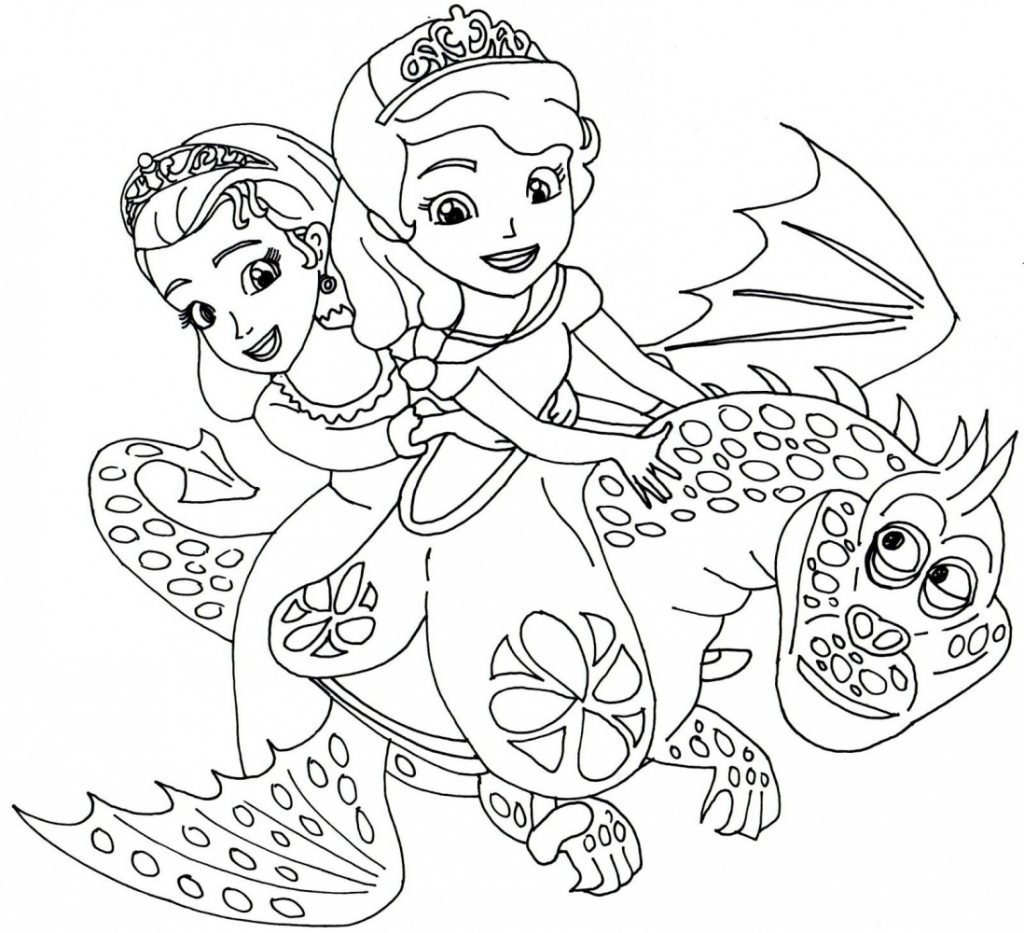 tranh tô màu cho bé 2 cô công chúa cưỡi rồng 