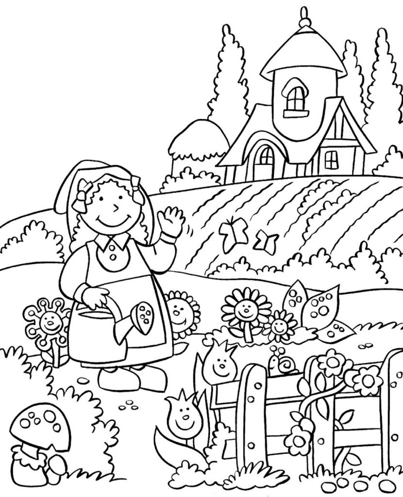 tranh tô màu cho bé bé làm vườn tưới cây