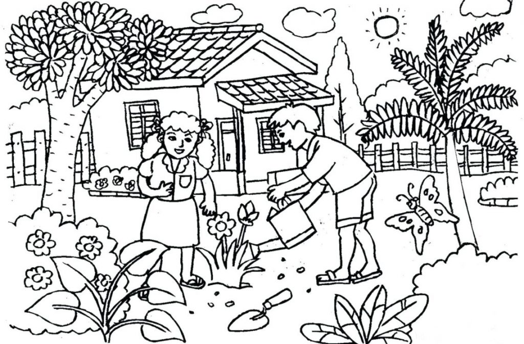 tranh tô màu cho bé 2 bé làm vườn đáng yêu