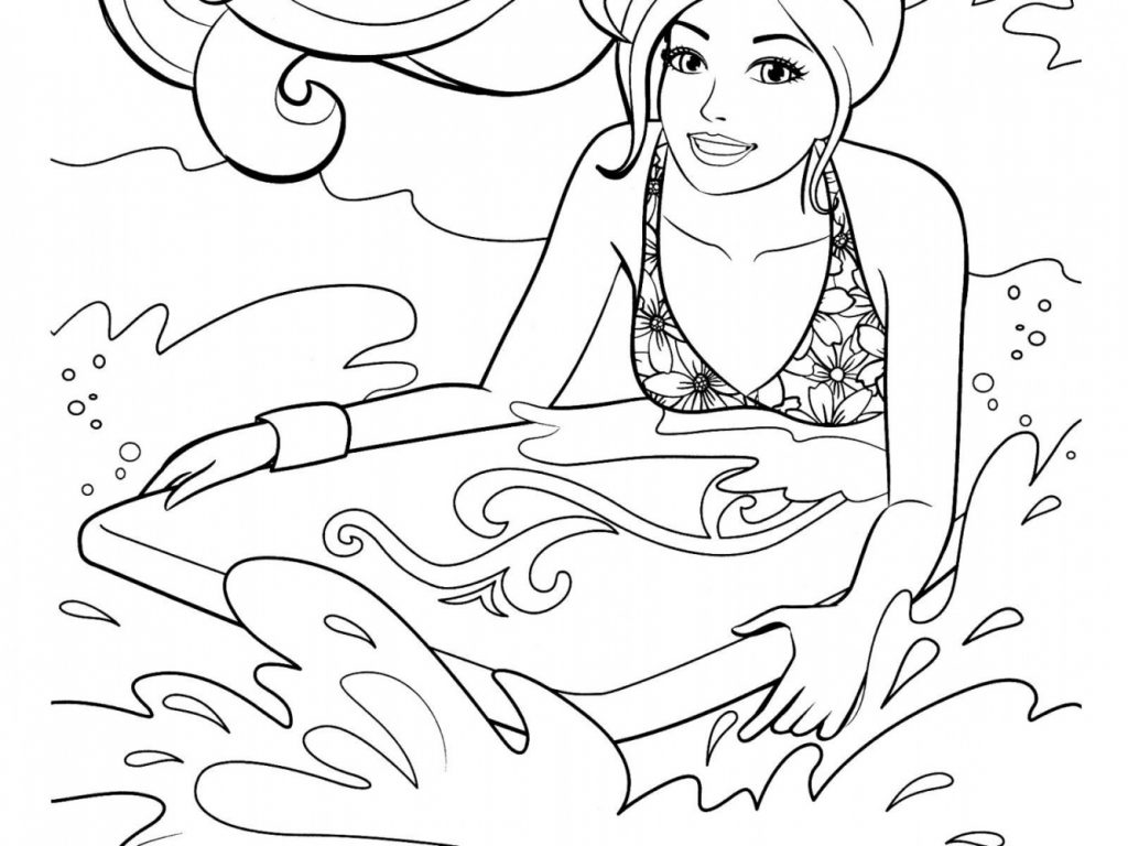 tranh tô màu cho bé công chúa lướt ván trên sóng