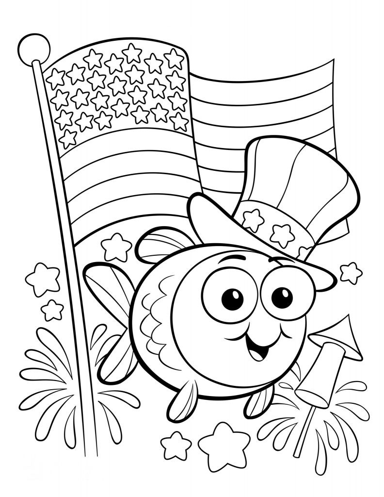 tranh tô màu cho bé chú cá với cờ mỹ ngày độc lập