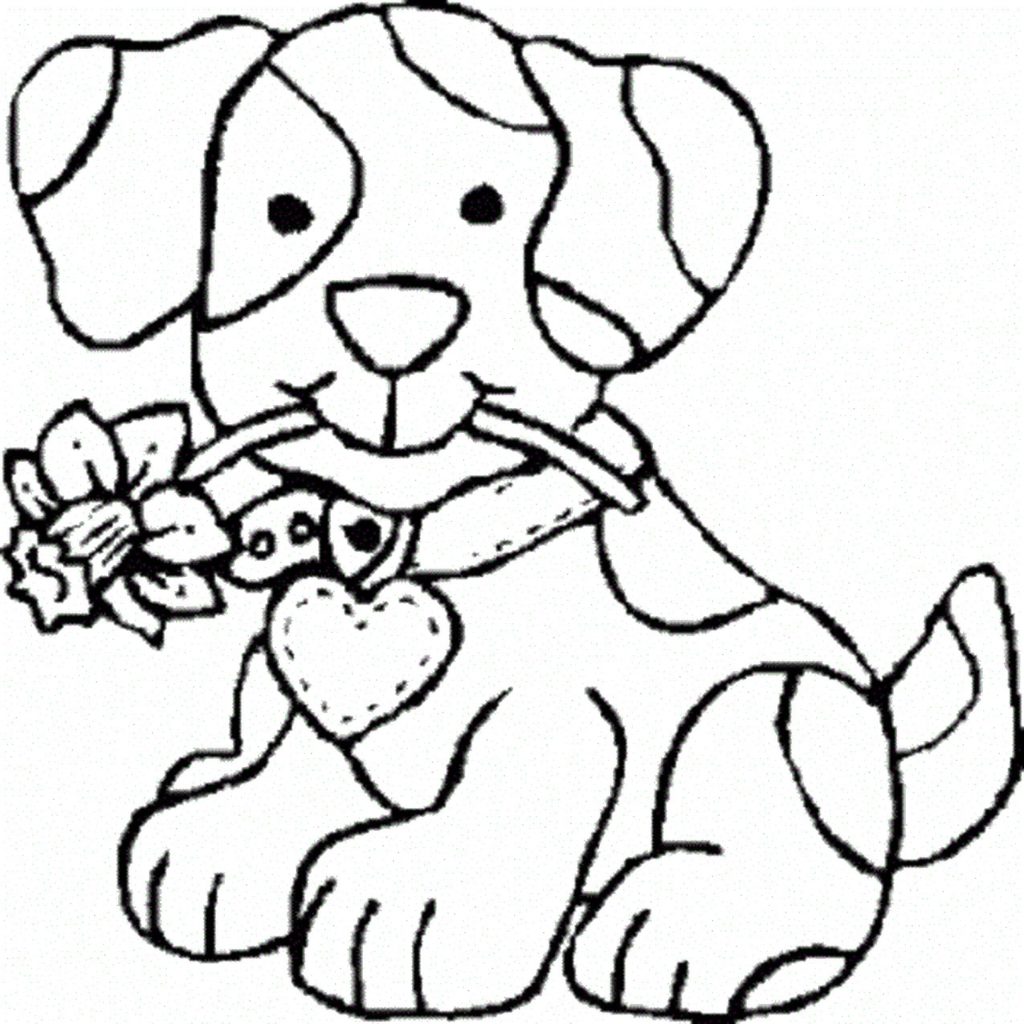 tranh tô màu cho bé chú chó ngặm bông hoa