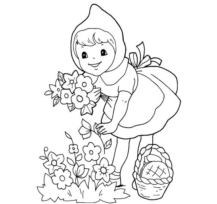 tranh tô màu cho bé cô bé hái hoa