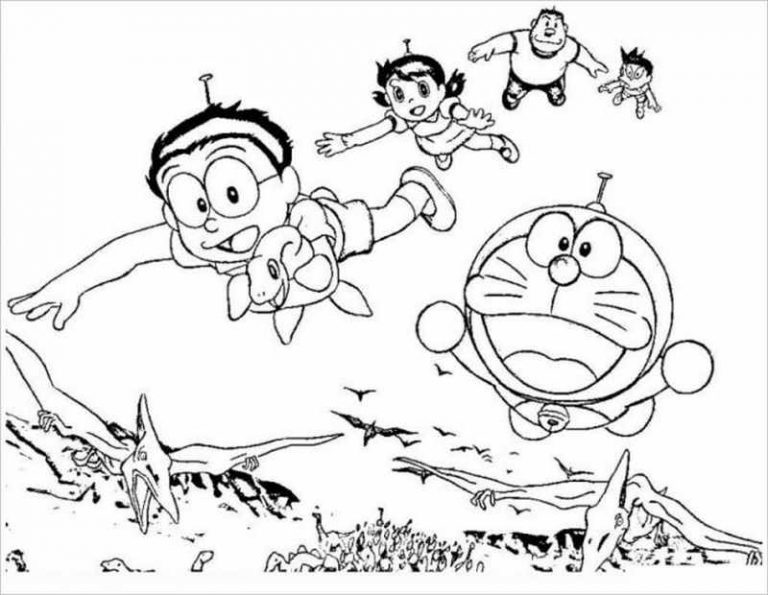 tranh tô màu cho bé doremon và những người bạn đang bay